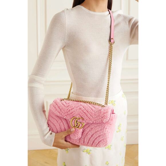 Gucci NWT GG Marmont 2.0 Pink Shearling Matelassé Leather Shoulder Bag NEW - Picture 1 of 10